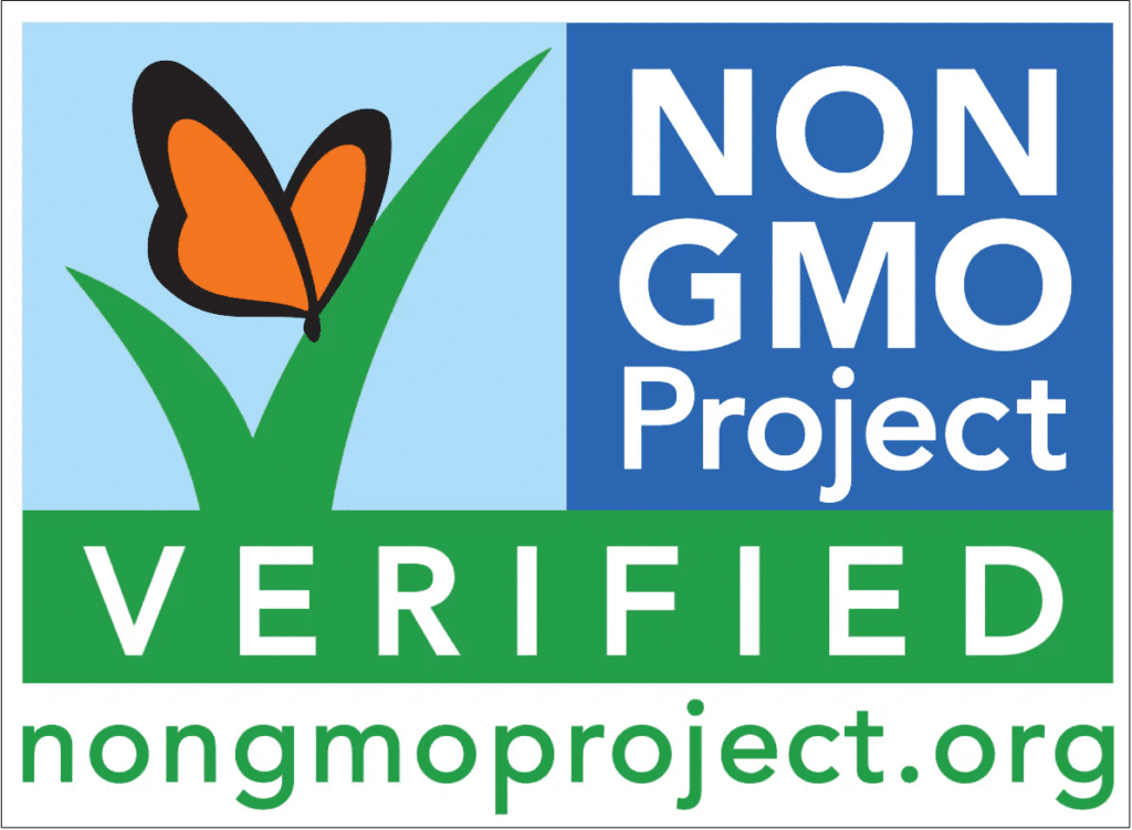 Official Non‑GMO Project Verified badge with butterfly and grass.