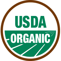 Official USDA Organic round badge in green and brown.